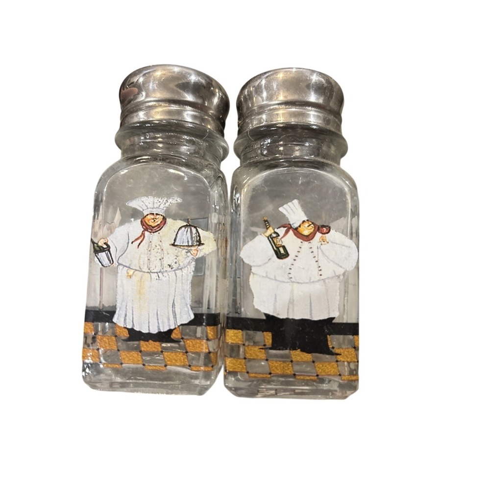 set of Bistro Italian Chef Salt & Pepper Shakers Glass & Metal Top